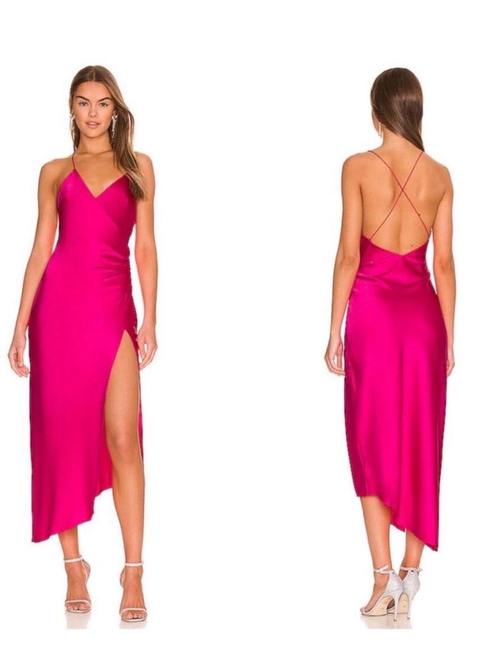 SER.O.YA Emma silk Fuchsia pink Asymmetrical Slip Dress with High Side Slit